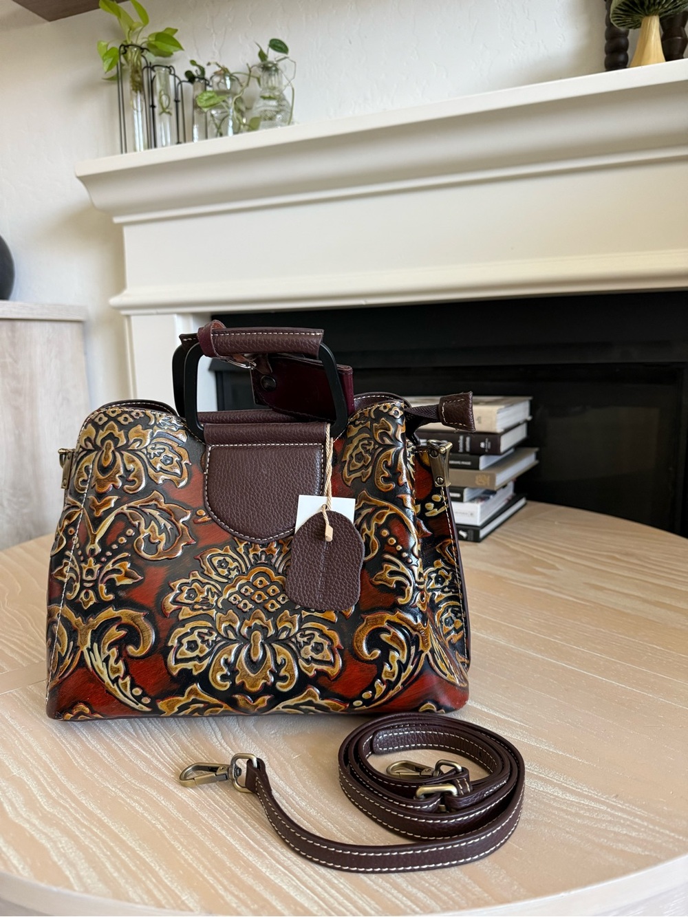 Brown & Burgundy Floral Embossed Leather Satchel,Boho Western Handbag,NEW•••